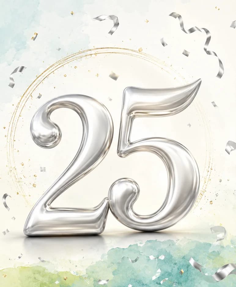 A silver number 25 encircled by a gold ring, watercolor washes, and falling confetti, marking Sha'arei Shalom's 25th anniversary